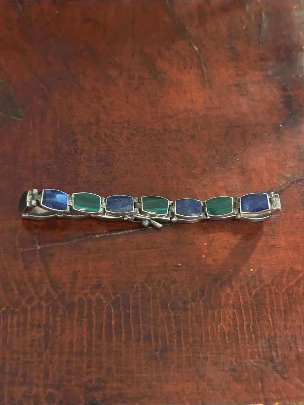 Sterling Silver 950 Taxco Mexico Malachite Lapis Bracelet 7"